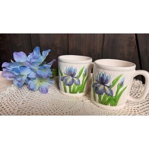 Vintage Otagiri Iris Floral Mugs Set of 2 Raised Relief Textured Stoneware Japan